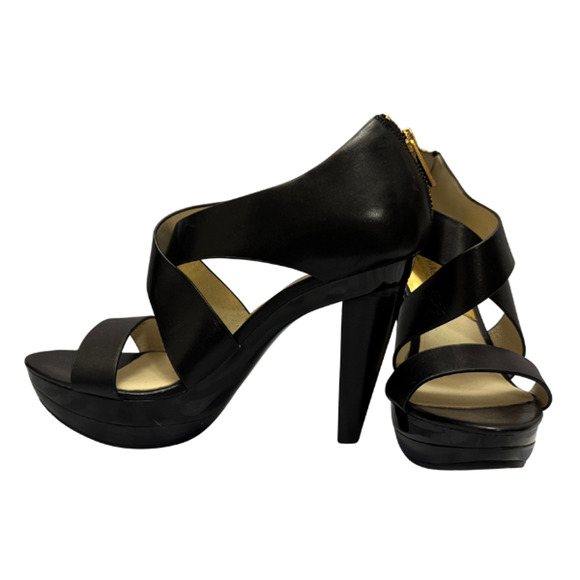 Michael Kors Elena Black Cross Leather Platform Heeled Sandal Size 7 NWOB - Picture 1 of 10